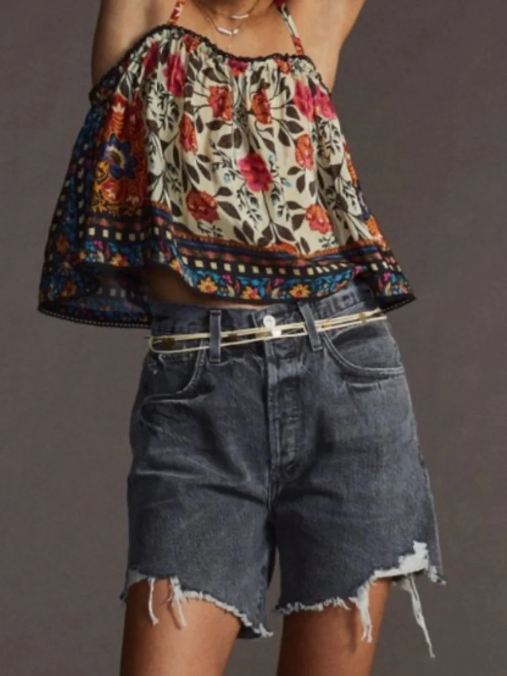 FARM Rio Floral Spaghetti-Strap Cropped Top in Cream, Pink, Red, Blue - Picture 5 of 10